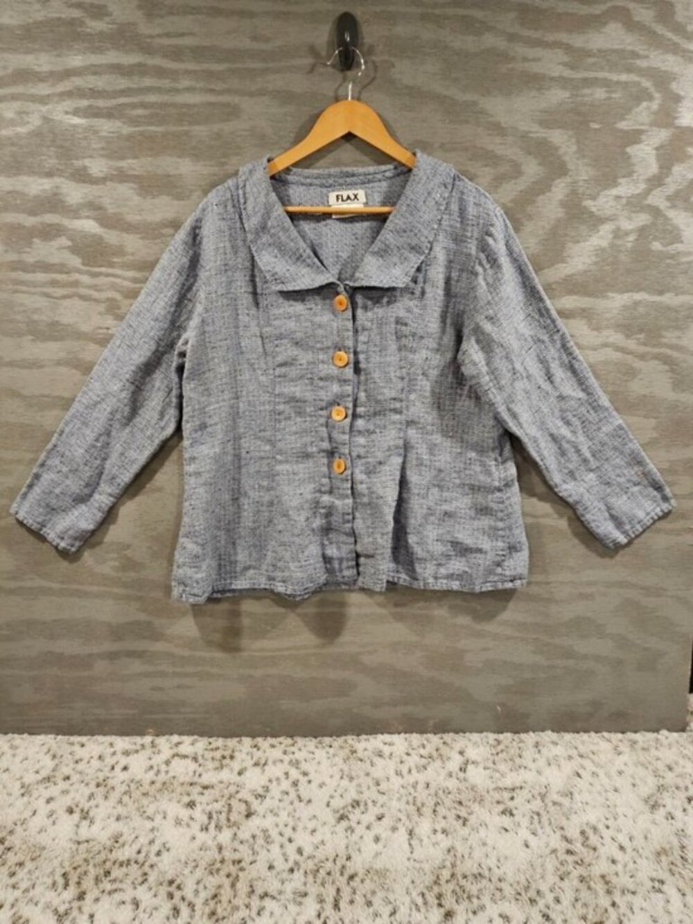 Flax 100% Linen Blue Textured Shacket Collared V-Neckline Button Down Top Blouse - Picture 2 of 9